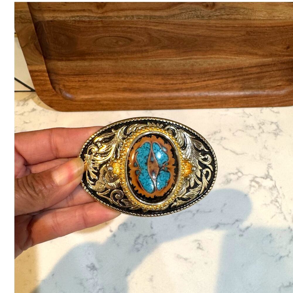 vintage Western belt buckle silver-floral gold accents inlaid turquoise stone